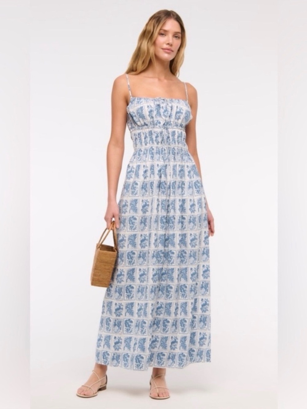Abercrombie & Fitch Blue and White Floral Smocked Maxi Dress